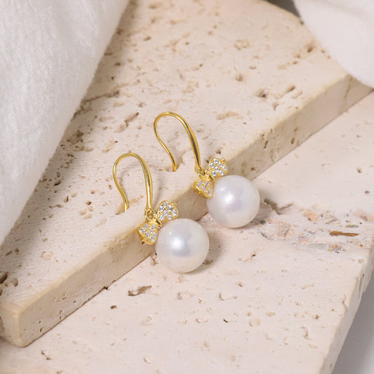 Natural Round Pearl 925 Silver Inlaid with Zircon Bow Knot Earrings for Women Korean Classic Vintage Fashion Jewelry Earrings