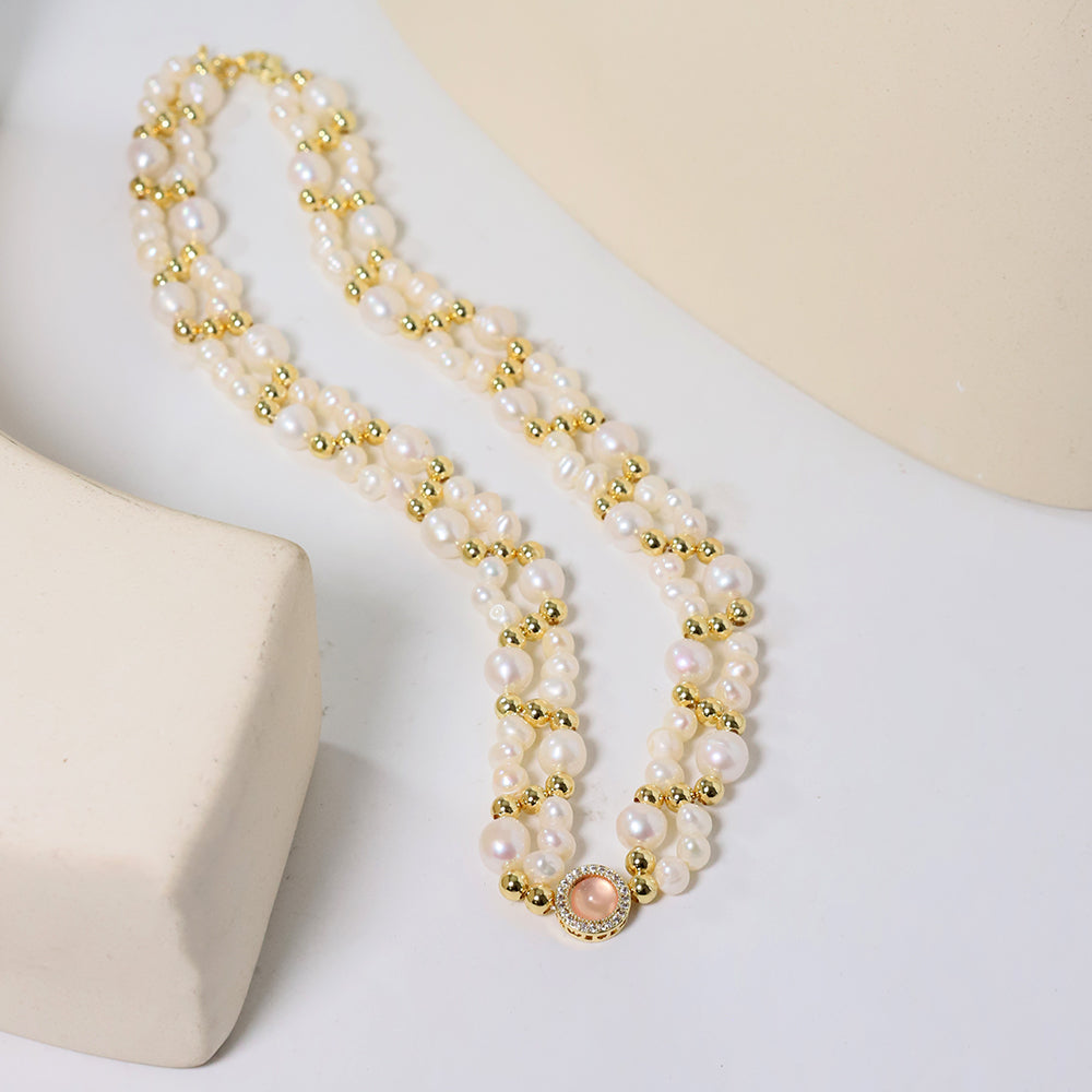 Natural Freshwater Pearl Double Layered Gold Bead Necklace Korean Women's Luxury Jewelry Fashion Women's and Girls' Gifts