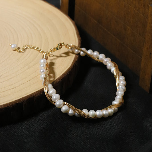 Natural Freshwater Pearl Gold Wire Wound Bracelet Korean Style Women Luxury Jewelry Fashion Ladies and Girls Gift