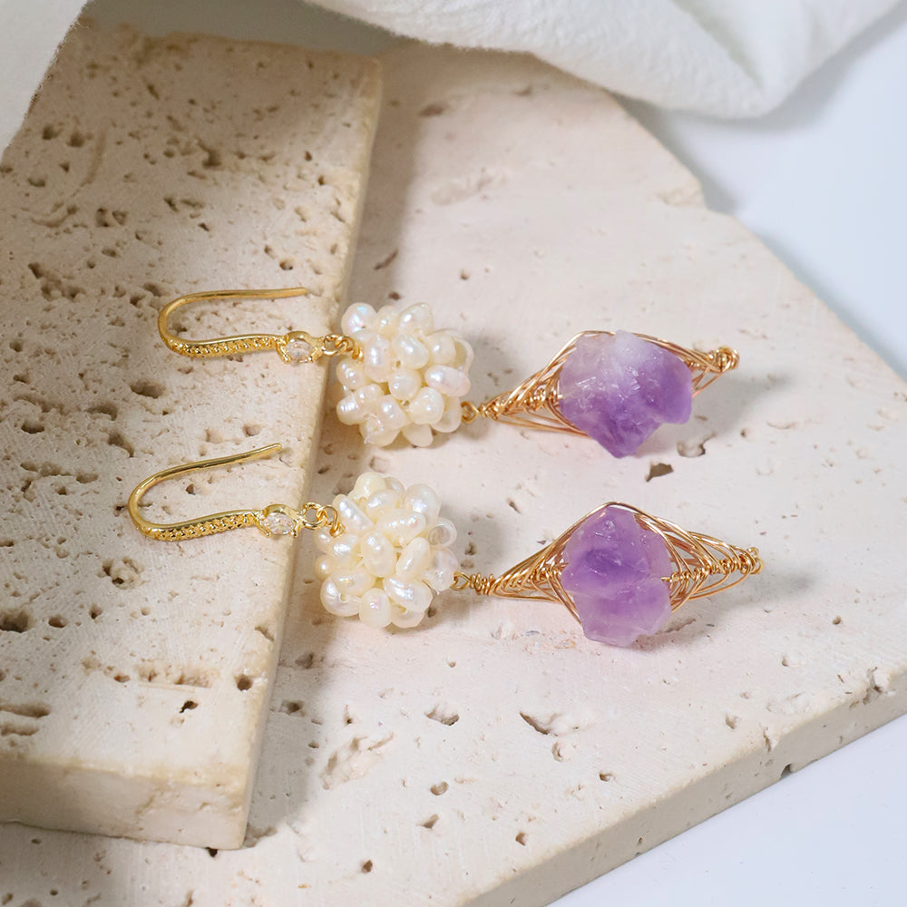 Natural Freshwater Pearl Flower Ball Amethyst Earrings Korean Style Women Luxury Jewelry Fashion Ladies and Girls Gift