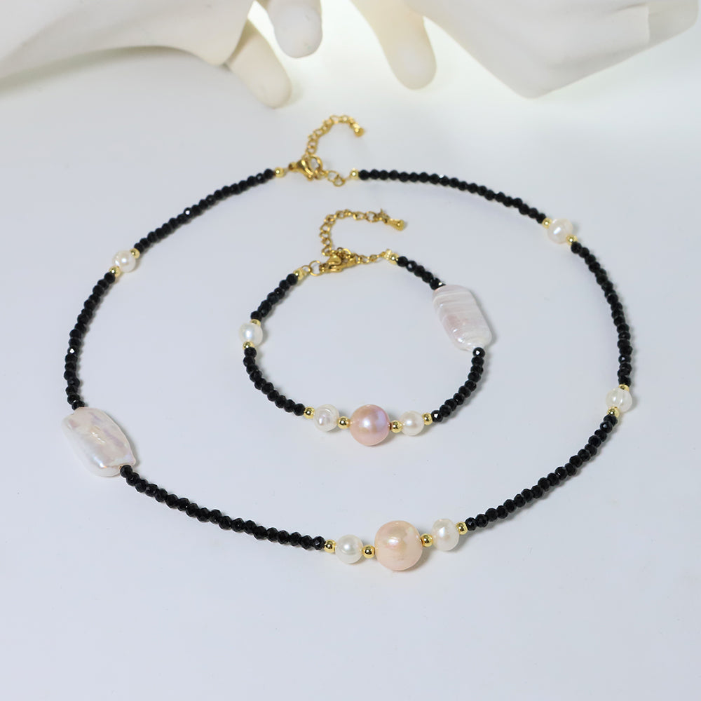 Natural Freshwater Pearl Obsidian Bead Necklace Korean Women's Luxury Jewelry Fashion Women's and Girls' Gifts