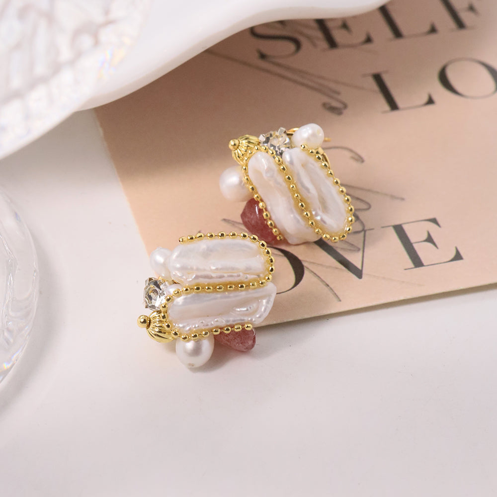 Natural Baroque Pearl Strawberry Crystal Earrings Korean Style Women Luxury Jewelry Fashion Ladies and Girls Gift