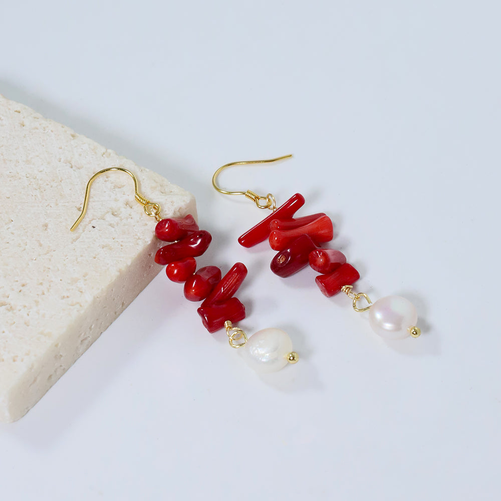 Natural Freshwater Pearl Long Red Coral Earring Korean Style Women Luxury Jewelry Fashion Ladies and Girls Gift