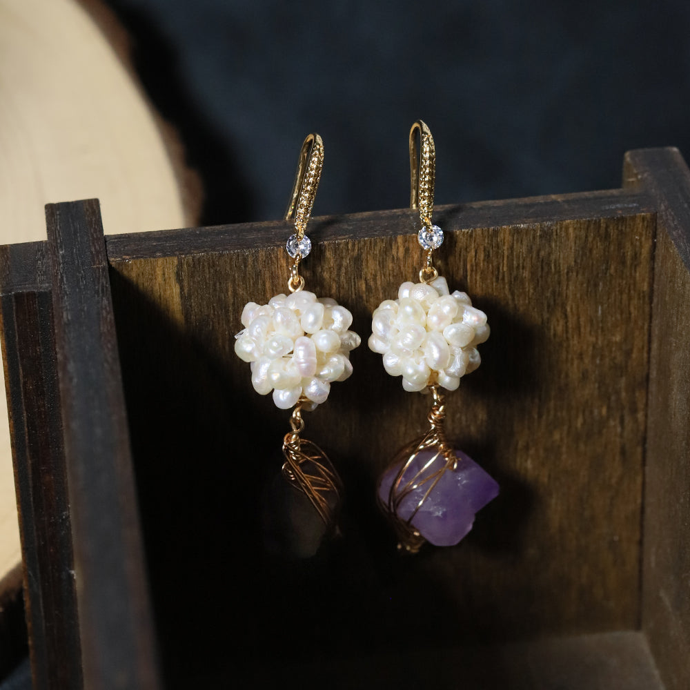 Natural Freshwater Pearl Flower Ball Amethyst Earrings Korean Style Women Luxury Jewelry Fashion Ladies and Girls Gift