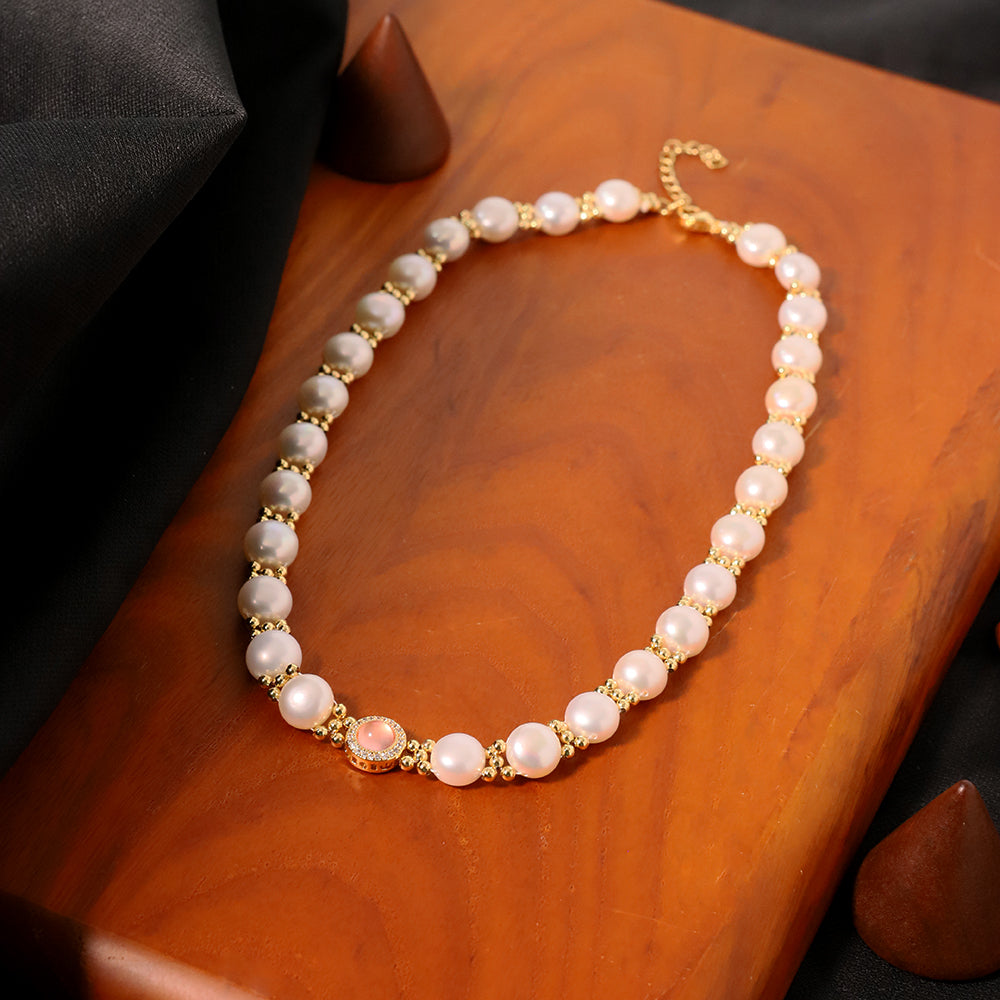 Natural Freshwater Pink Cat Eye Stone Bread Pearl Necklace Korean Style Women Luxury Jewelry Fashion Ladies and Girls Gift