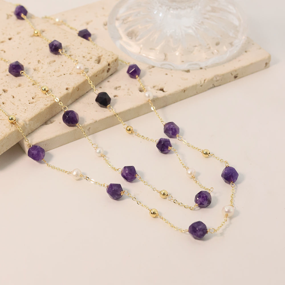 Natural Freshwater Pearl Amethyst Bead Sweater Chain Korean Style Women Luxury Jewelry Fashion Ladies and Girls Gift