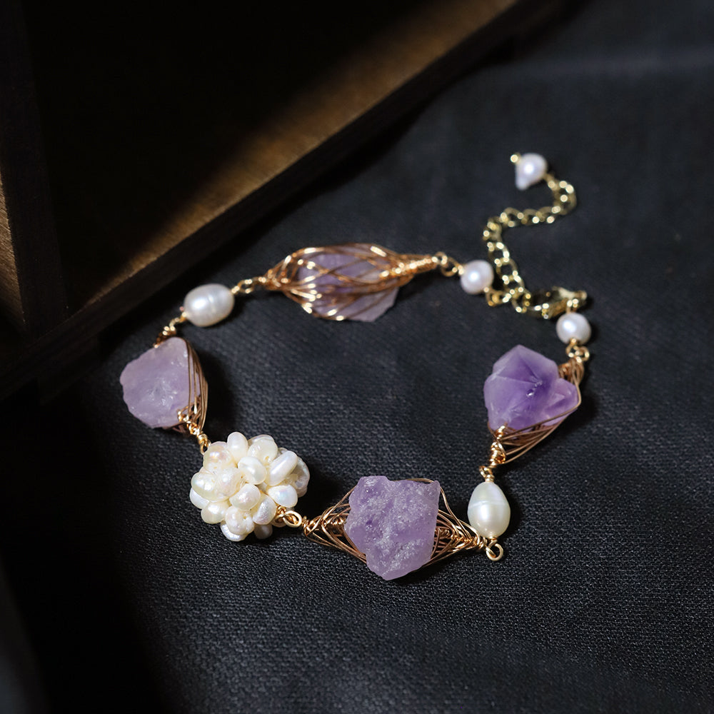 Natural Freshwater Pearl Flower Ball Amethyst Bracelet Korean Style Women Luxury Jewelry Fashion Ladies and Girls Gift