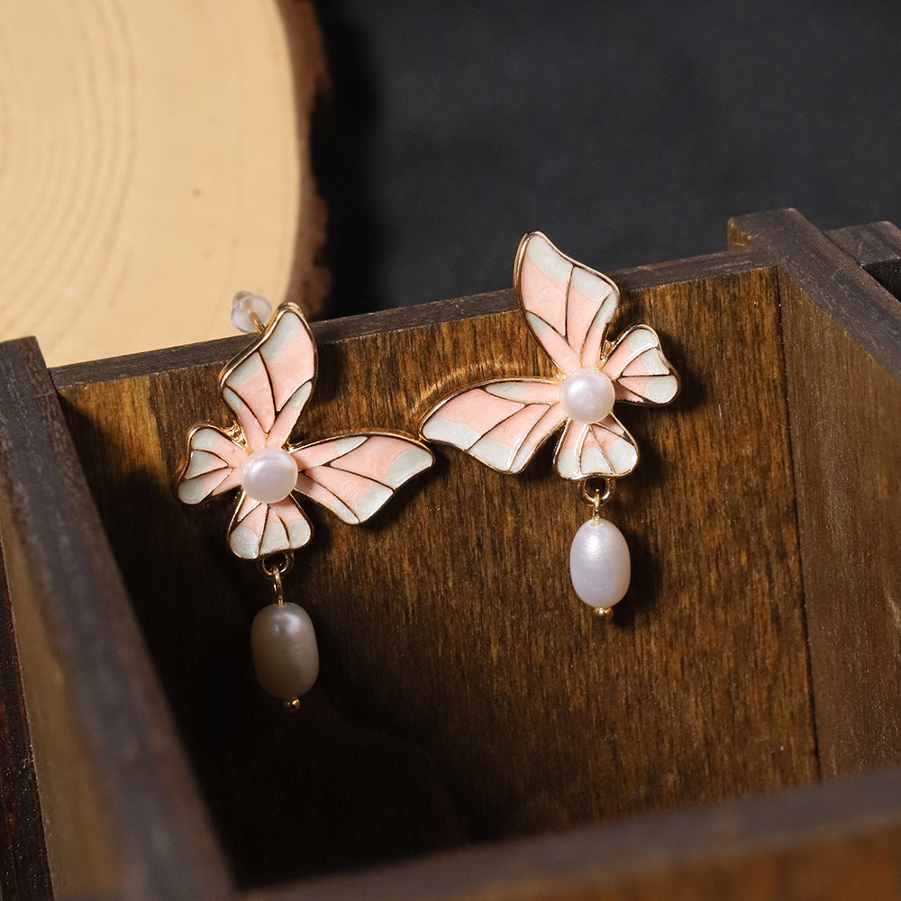 Natural Freshwater Pearl Pink Butterfly Pendant Earrings Korean Style Women Luxury Jewelry Fashion Ladies and Girls Gift