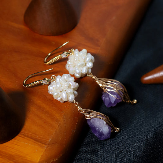 Natural Freshwater Pearl Flower Ball Amethyst Earrings Korean Style Women Luxury Jewelry Fashion Ladies and Girls Gift