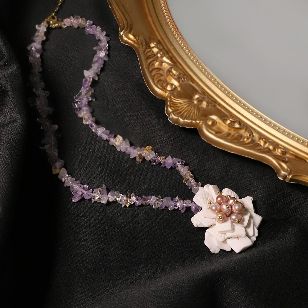 Natural Amethyst Flower Pearl Necklace Korean Style Women Luxury Jewelry Fashion Ladies and Girls Gift