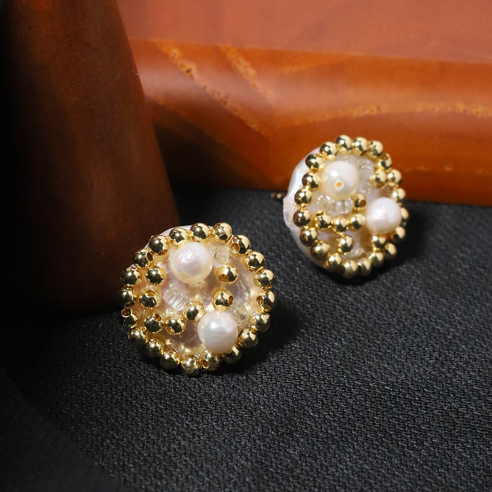 Natural Freshwater Pearl Gold Bead Button Earrings Korean Style Women Luxury Jewelry Fashion Ladies and Girls Gift