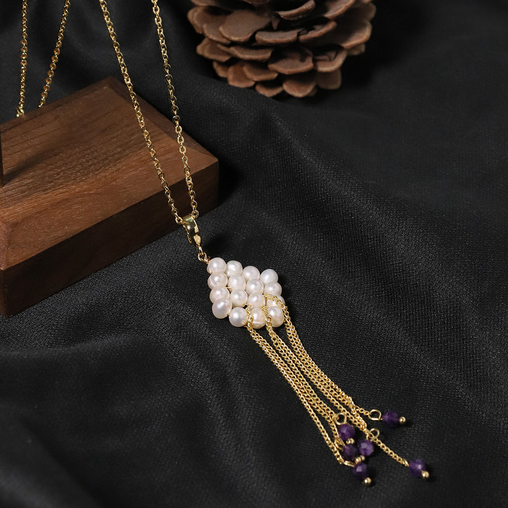 Natural Freshwater Pearl Diamond Tassel Necklace Korean Style Women Luxury Jewelry Fashion Ladies and Girls Gift