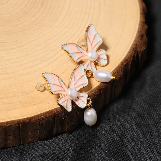 Natural Freshwater Pearl Pink Butterfly Pendant Earrings Korean Style Women Luxury Jewelry Fashion Ladies and Girls Gift