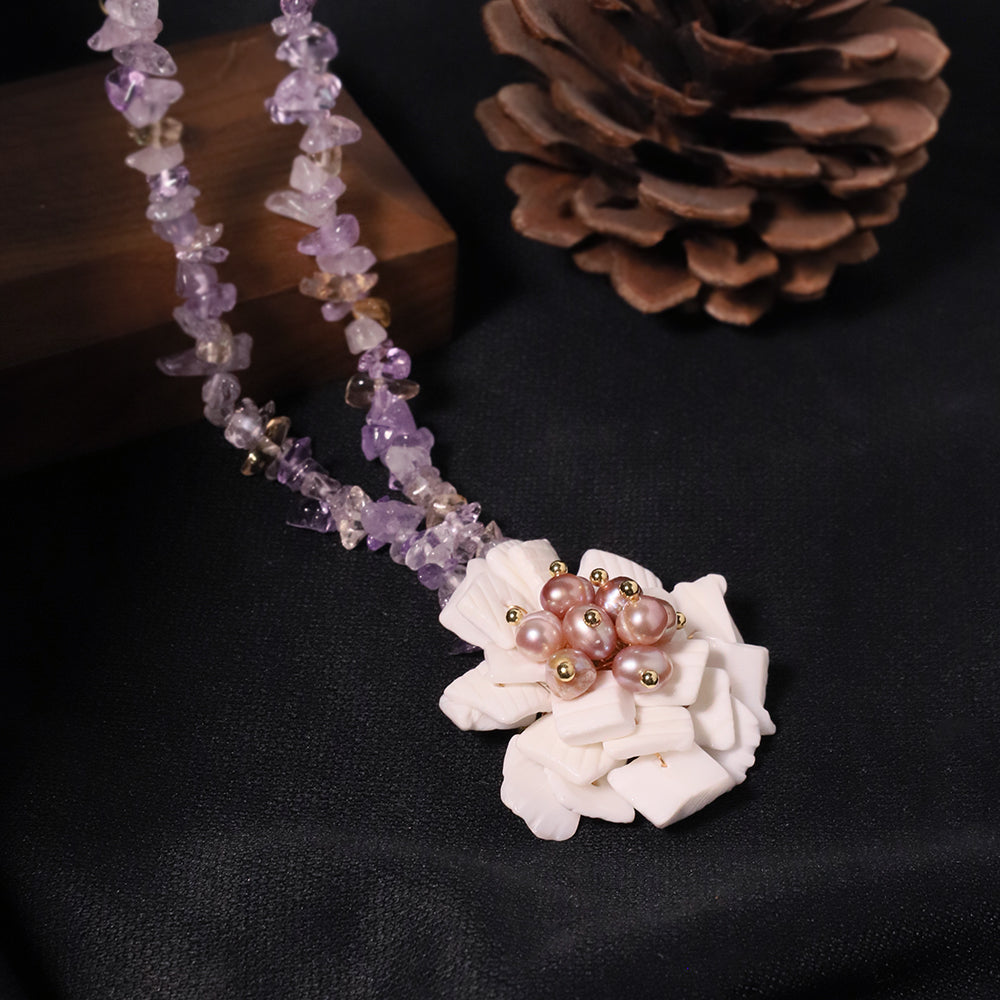 Natural Amethyst Flower Pearl Necklace Korean Style Women Luxury Jewelry Fashion Ladies and Girls Gift