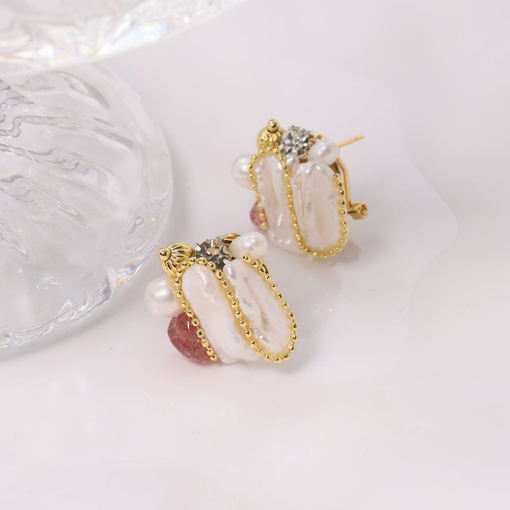 Natural Baroque Pearl Strawberry Crystal Earrings Korean Style Women Luxury Jewelry Fashion Ladies and Girls Gift