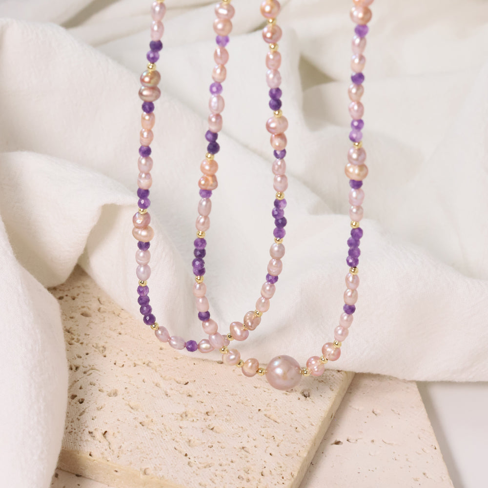 Natural Freshwater Pearl Amethyst Bead Necklace Korean Women's Luxury Jewelry Fashion Women's and Girls' Gifts