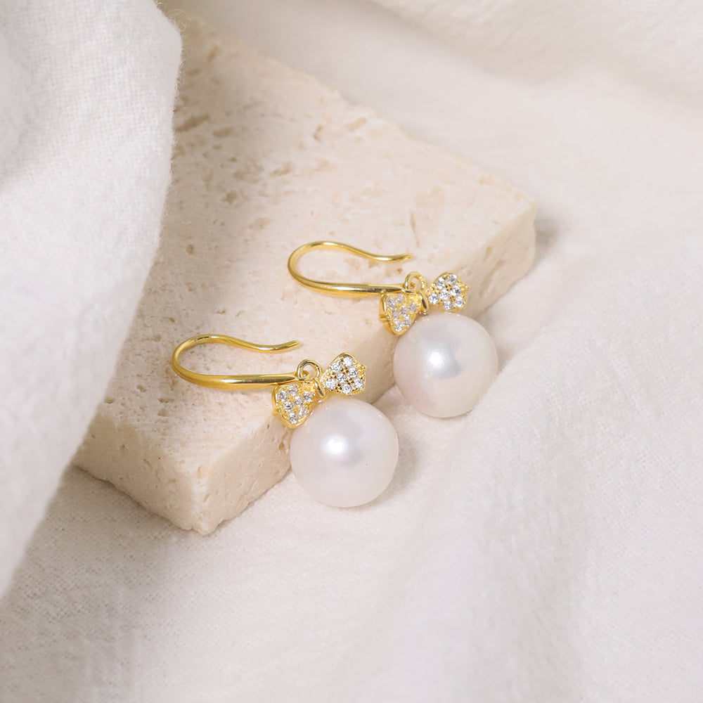 Natural Round Pearl 925 Silver Inlaid with Zircon Bow Knot Earrings for Women Korean Classic Vintage Fashion Jewelry Earrings