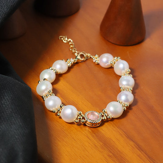 Natural Freshwater Pearl Pink Cat Eye Stone Bracelet Korean Style Women Luxury Jewelry Fashion Ladies and Girls Gift