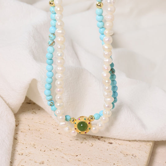 Natural Freshwater Pearl Turquoise Double-layer Necklace Korean Women's Luxury Jewelry Fashion Women's and Girls' Gifts