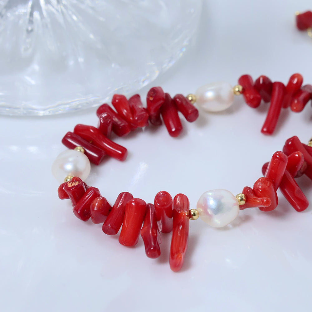 Natural Freshwater Pearl Red Coral Stone Bead Bracelet Korean Women's Luxury Jewelry Fashion Women's and Girls' Gifts