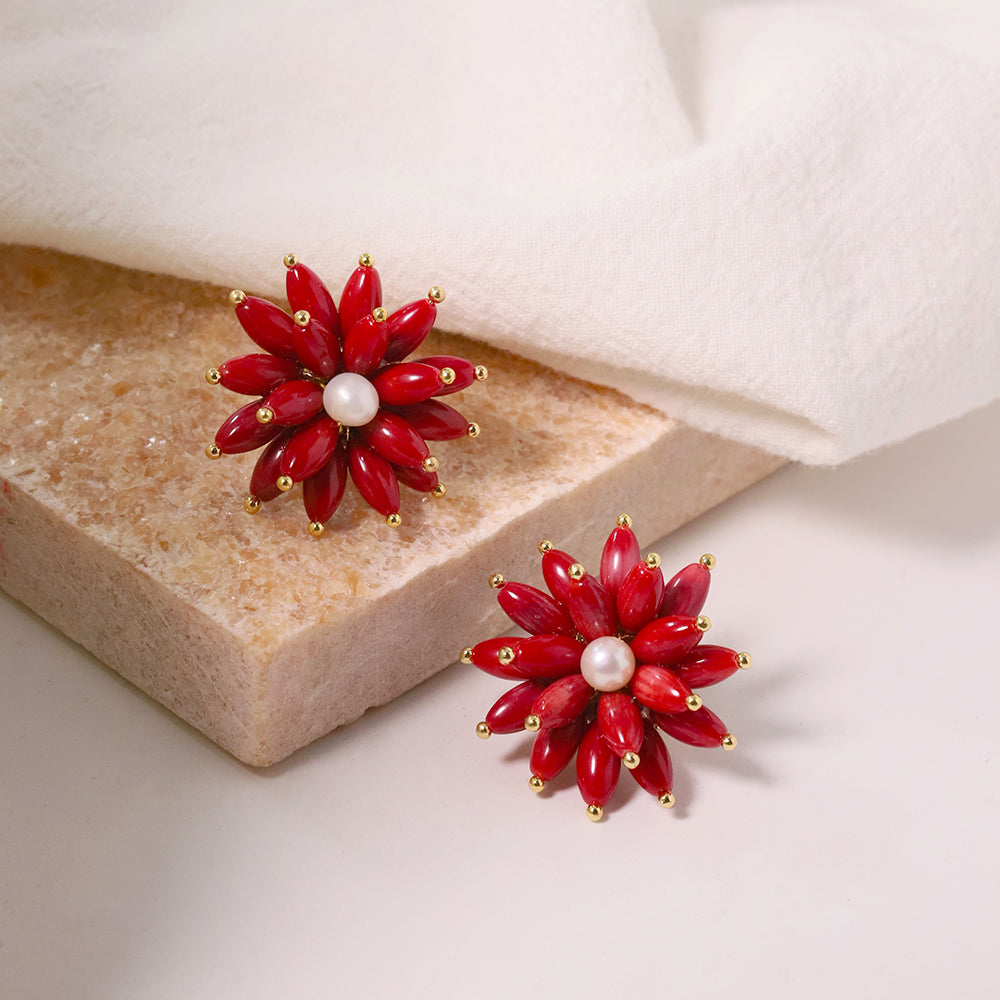 Natural Red Coral Stone Flower Freshwater Pearl Earrings Korean Style Women Luxury Jewelry Fashion Ladies and Girls Gift