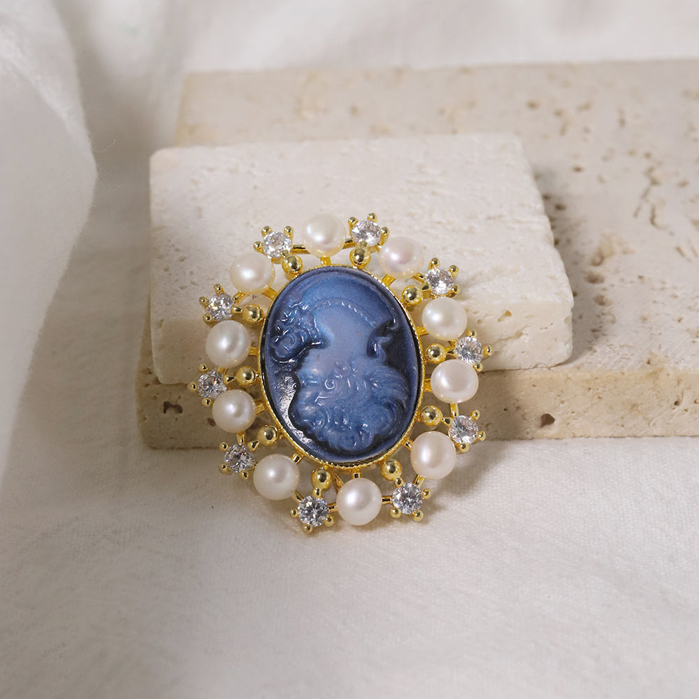 Natural Pearls Cameo Blue Carved Inlaid Zircon Brooches Women Fashion Jewelry Brooches Pearl Brooch Madam Gift