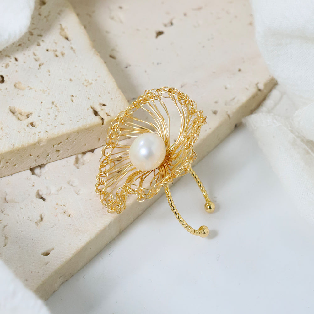 Natural Freshwater Pearl Gold Wire Wound Leaf Ring Korean Women's Luxury Jewelry Fashion Women's and Girls' Gifts