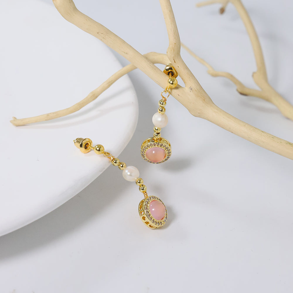 Natural Freshwater Pearl Inlaid Pink Crystal Gold Bead Earrings Korean Style Women Luxury Jewelry Fashion Ladies Gift