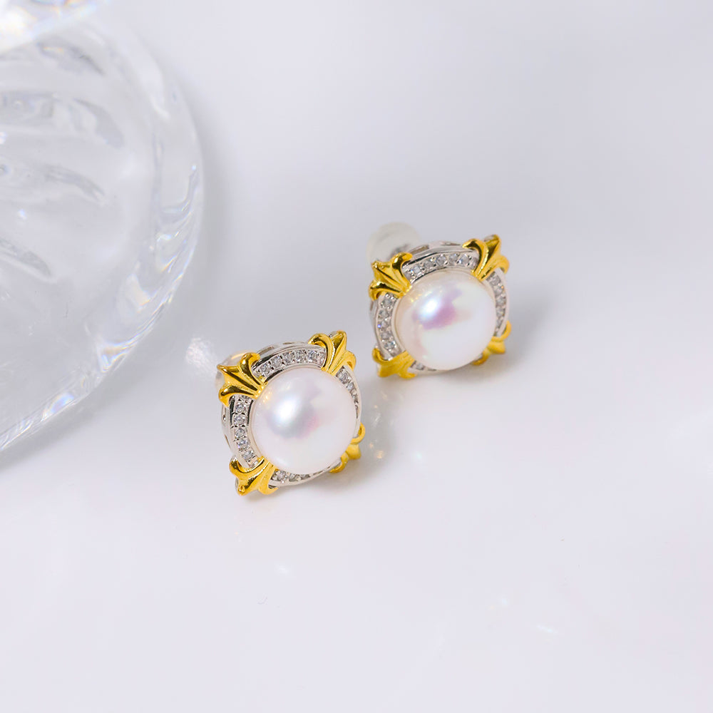 Natural Freshwater Pearl Round Flower Shaped 925 Silver Earrings for Women Korean Classic Vintage Fashion Jewelry Earrings