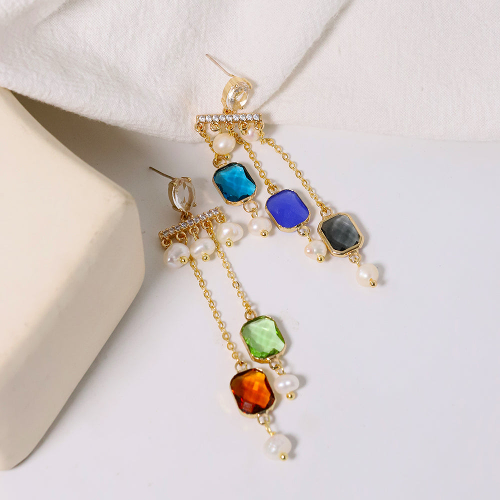 Natural Freshwater Pearl Five Colored Glass Earrings Korean Style Women Luxury Jewelry Fashion Ladies and Girls Gift