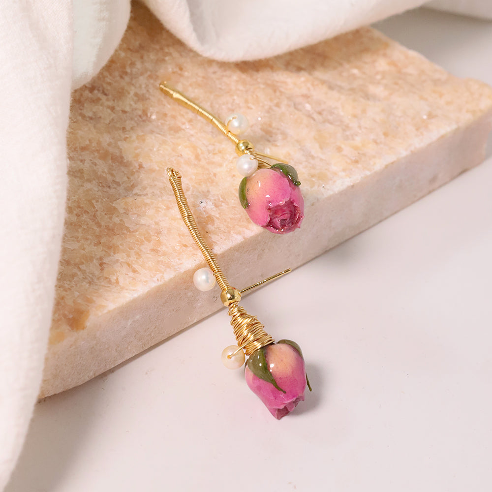 Natural Pearls Pink Bead Dropping Glue Flower Earrings Korean Style Women Luxury Jewelry Fashion Ladies and Girls Gift