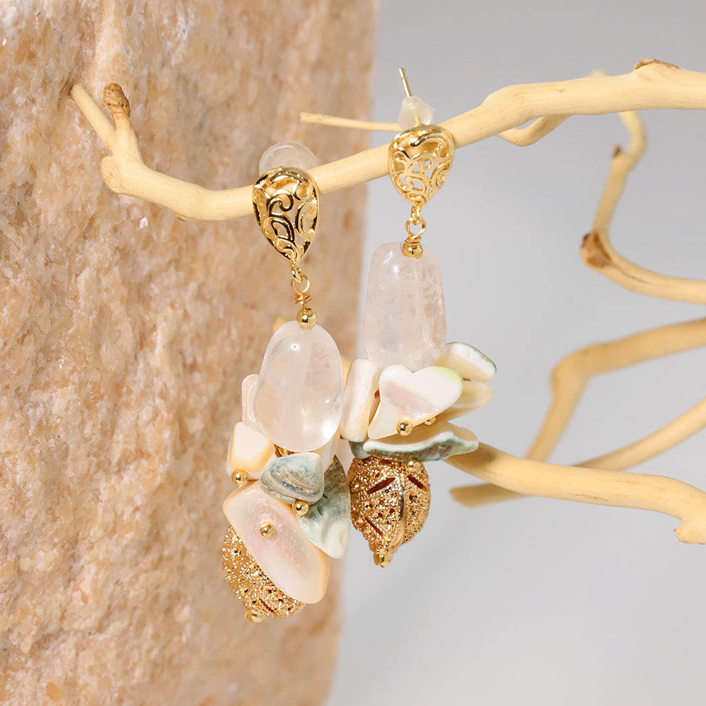 Natural Stone Gold Flower Beads and Natural Crystal Earrings for Women Korean Classic Vintage Fashion Jewelry Earrings