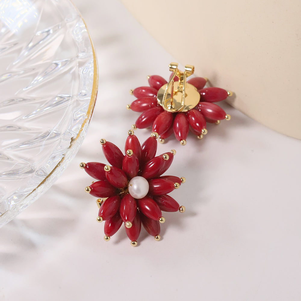 Natural Red Coral Stone Flower Freshwater Pearl Earrings Korean Style Women Luxury Jewelry Fashion Ladies and Girls Gift