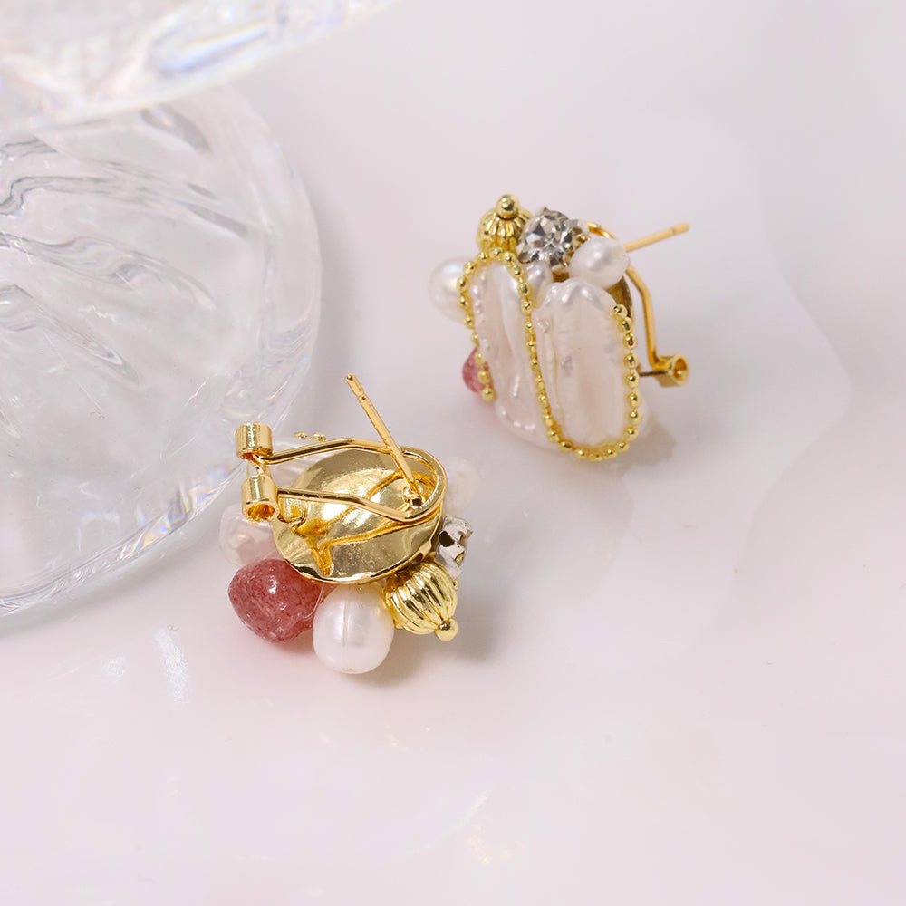 Natural Baroque Pearl Strawberry Crystal Earrings Korean Style Women Luxury Jewelry Fashion Ladies and Girls Gift