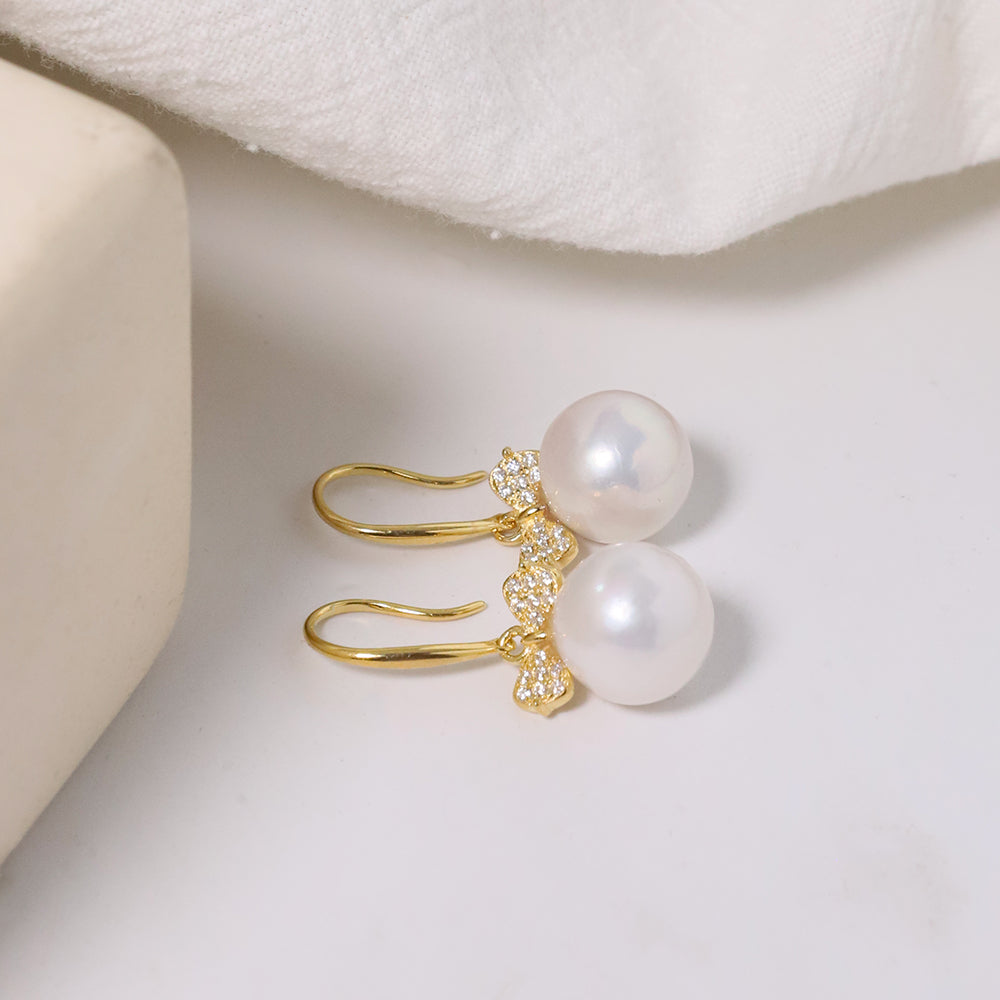 Natural Round Pearl 925 Silver Inlaid with Zircon Bow Knot Earrings for Women Korean Classic Vintage Fashion Jewelry Earrings