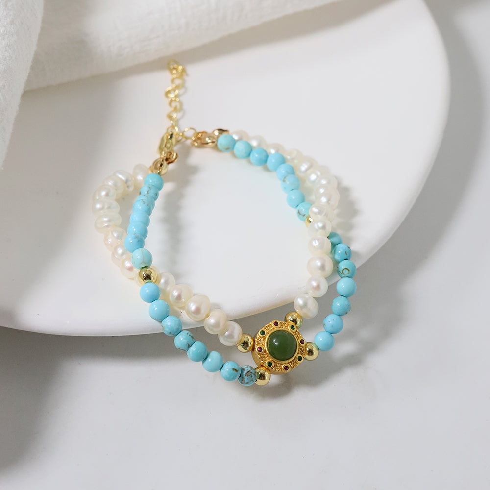 Natural Freshwater Pearl Turquoise Double-layer Bracelet Korean Women's Luxury Jewelry Fashion Women's and Girls' Gifts