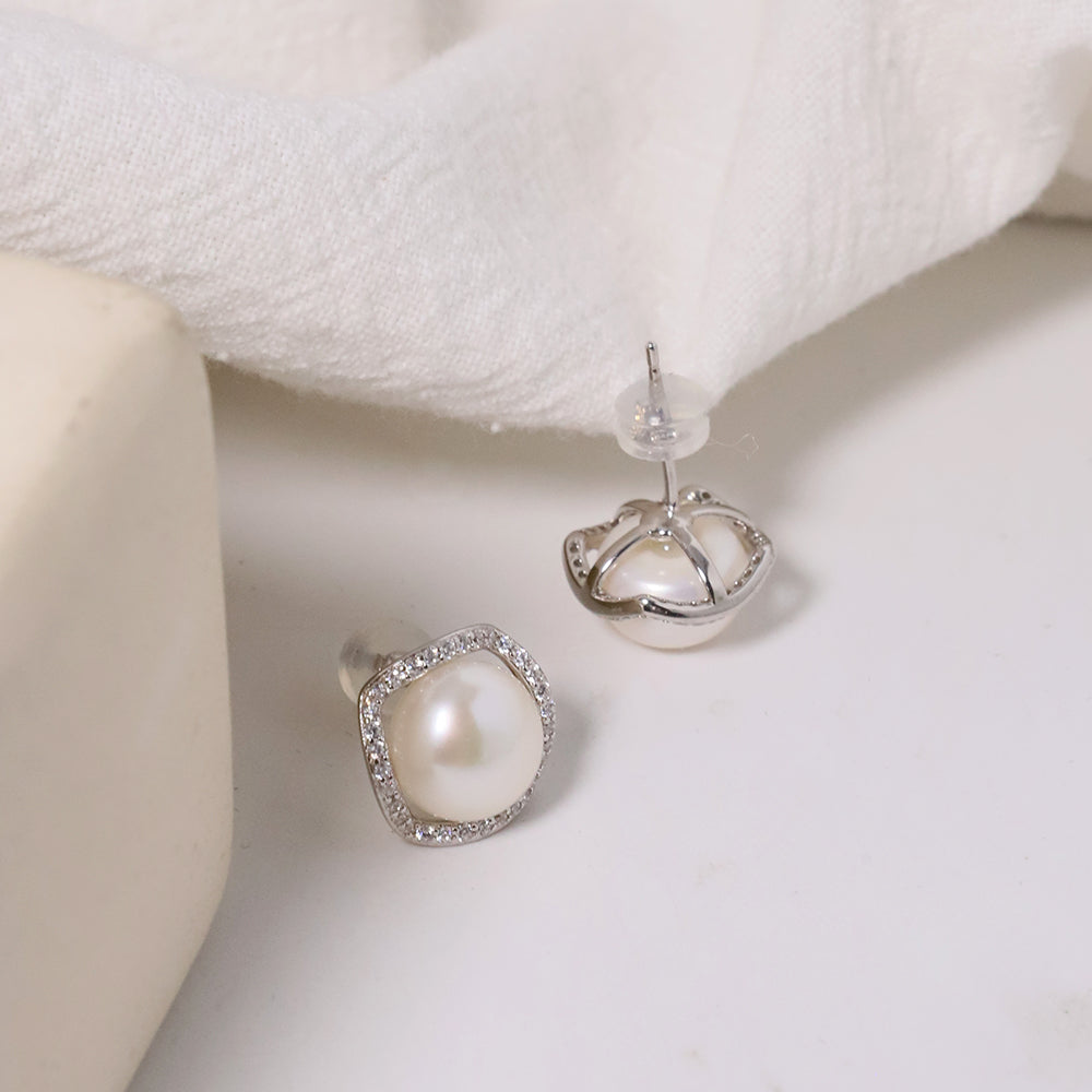 Natural Pearl Round 925 Silver Inlaid Zircon Flower Edging Earrings For Women Korean Classic Vintage Fashion Jewelry Earrings