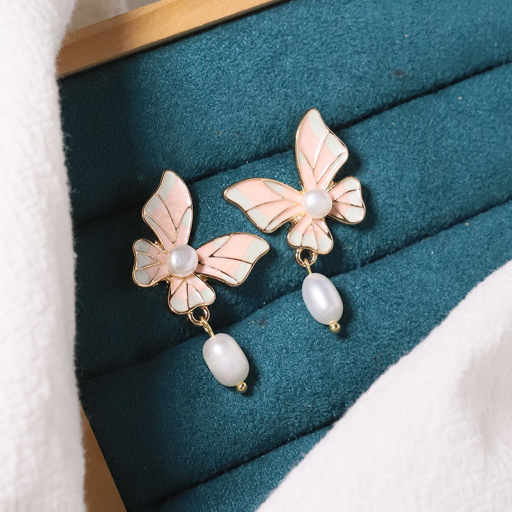 Natural Freshwater Pearl Pink Butterfly Pendant Earrings Korean Style Women Luxury Jewelry Fashion Ladies and Girls Gift