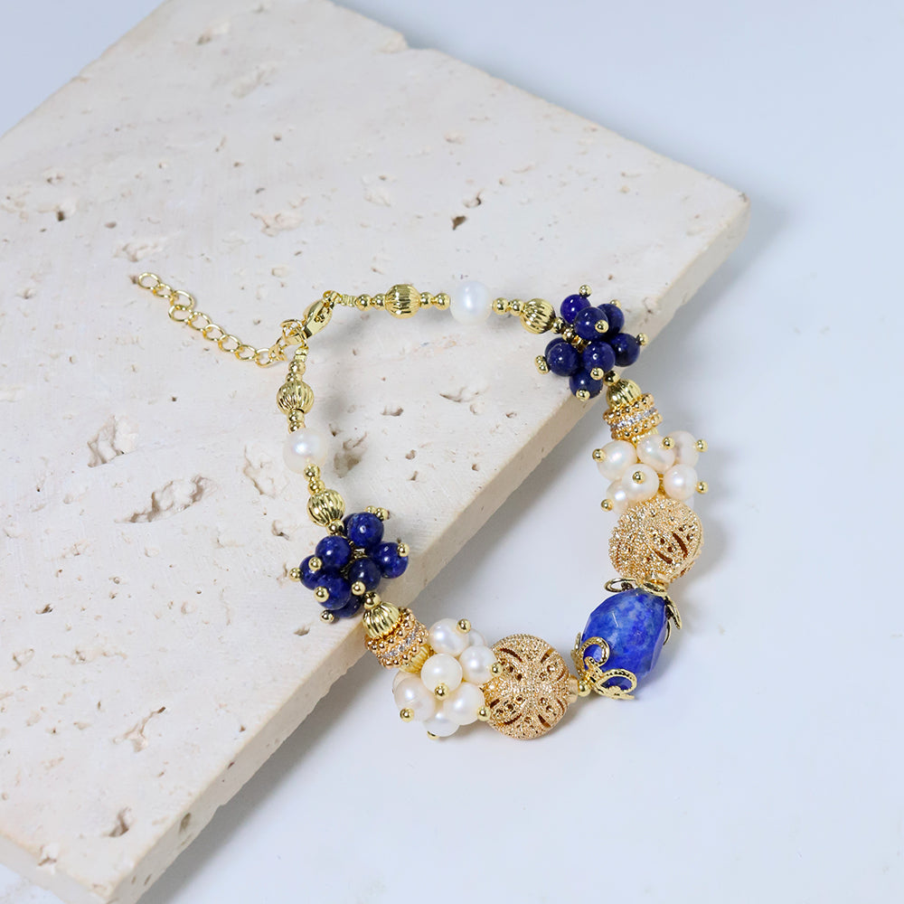 Natural Freshwater Pearl Lapis Lazuli Flower Bracelet Korean Women's Luxury Jewelry Fashion Women's and Girls' Gifts