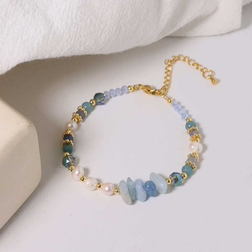 Natural Pearl Sea Blue Treasure Beaded Bracelet Retro Palace Style Fashion Jewelry Bracelet Gifts for Mom Wife Girlfriend