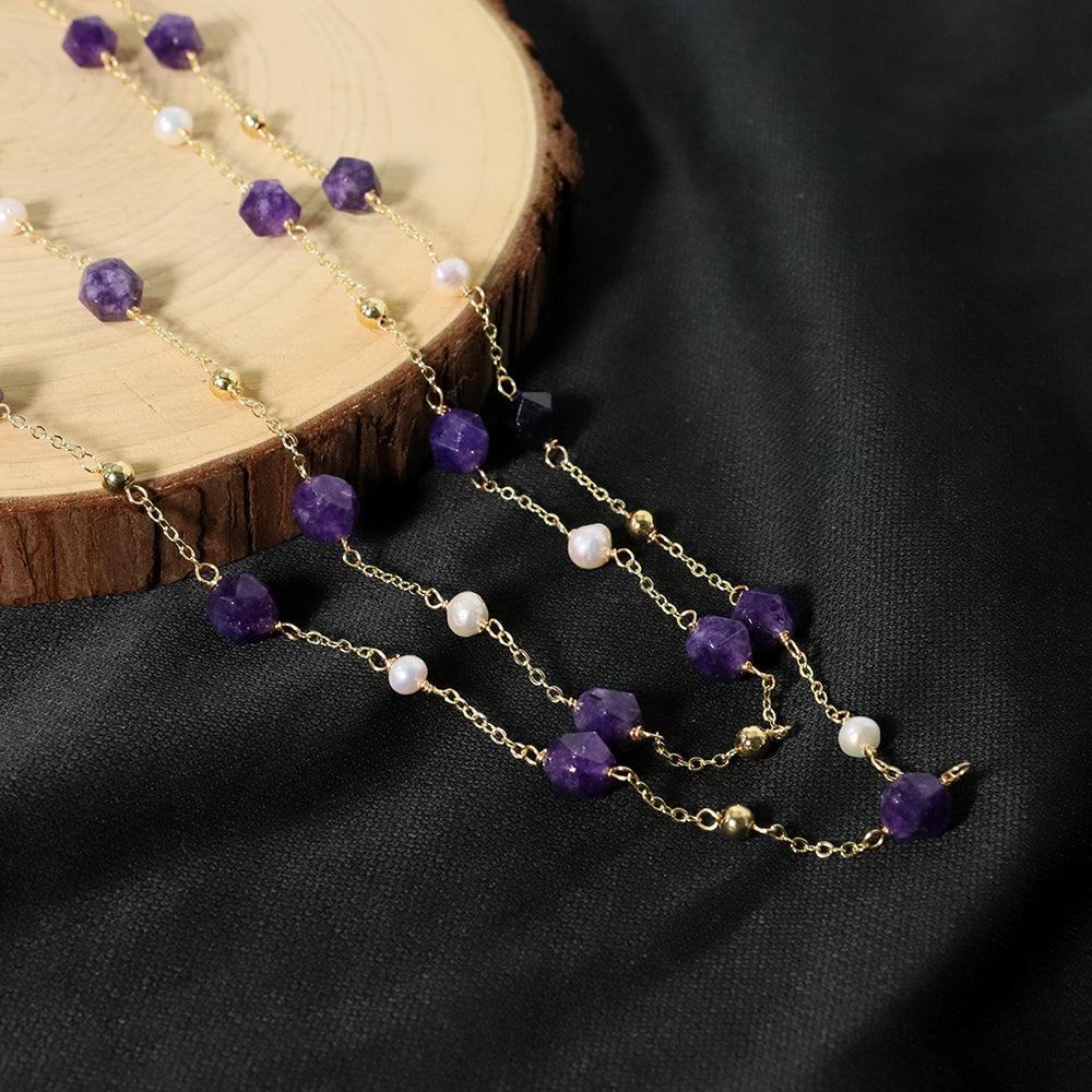 Natural Freshwater Pearl Amethyst Bead Sweater Chain Korean Style Women Luxury Jewelry Fashion Ladies and Girls Gift