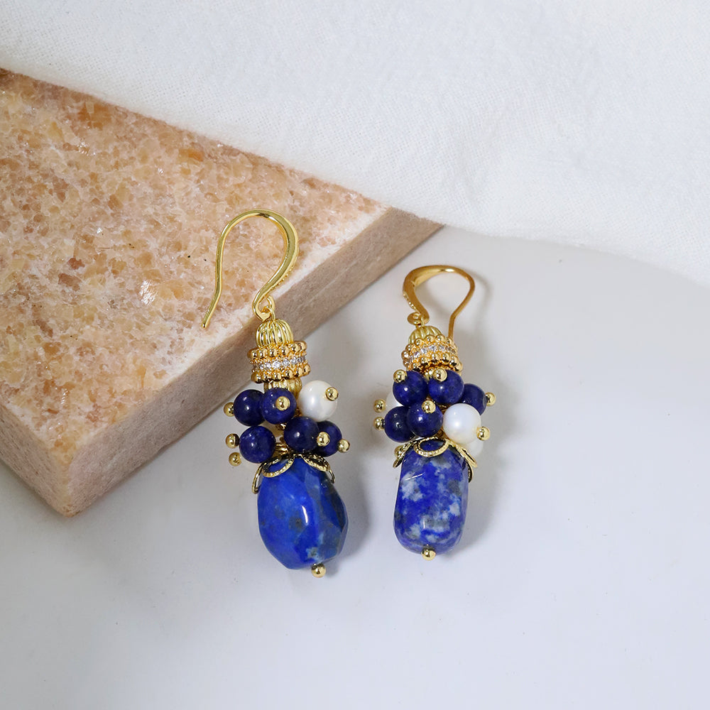 Natural Freshwater Pearl Lapis Lazuli Flower Earrings Korean Style Women Luxury Jewelry Fashion Ladies and Girls Gift