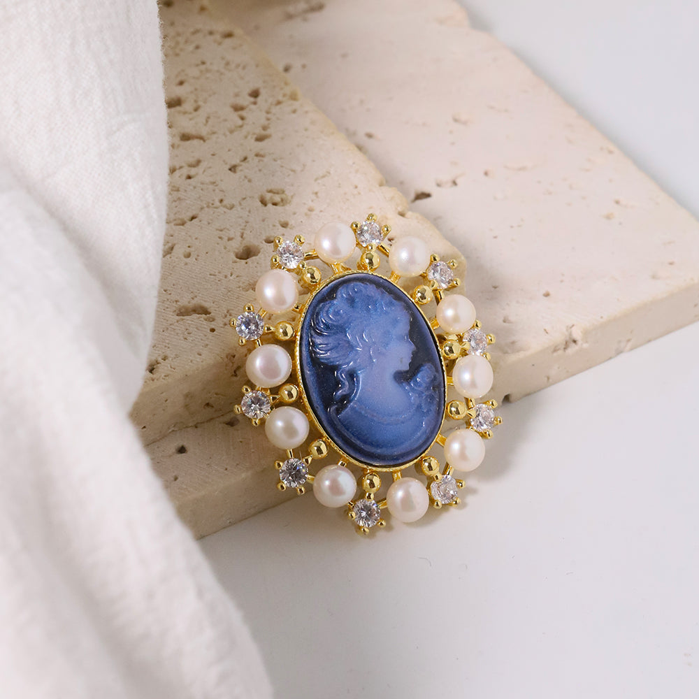 Natural Pearls Cameo Blue Carved Inlaid Zircon Brooches Women Fashion Jewelry Brooches Pearl Brooch Madam Gift