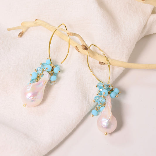 Natural Freshwater Baroque Pearl Blue Flower Earrings Korean Style Women Luxury Jewelry Fashion Ladies and Girls Gift