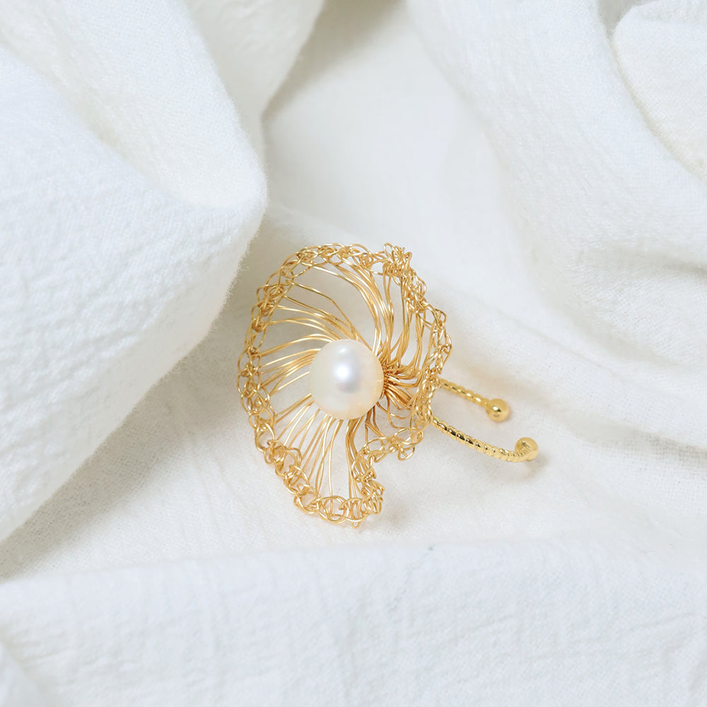 Natural Freshwater Pearl Gold Wire Wound Leaf Ring Korean Women's Luxury Jewelry Fashion Women's and Girls' Gifts