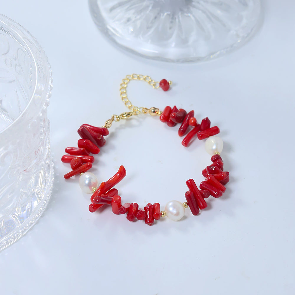 Natural Freshwater Pearl Red Coral Stone Bead Bracelet Korean Women's Luxury Jewelry Fashion Women's and Girls' Gifts