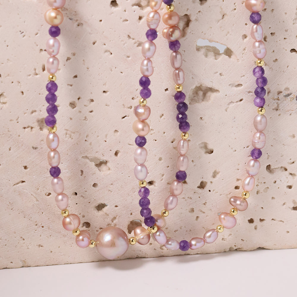 Natural Freshwater Pearl Amethyst Bead Necklace Korean Women's Luxury Jewelry Fashion Women's and Girls' Gifts