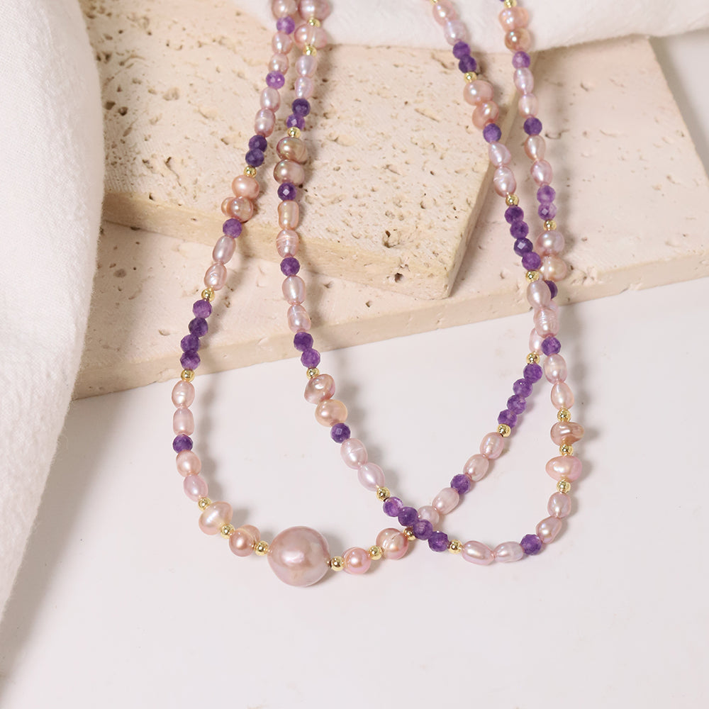 Natural Freshwater Pearl Amethyst Bead Necklace Korean Women's Luxury Jewelry Fashion Women's and Girls' Gifts