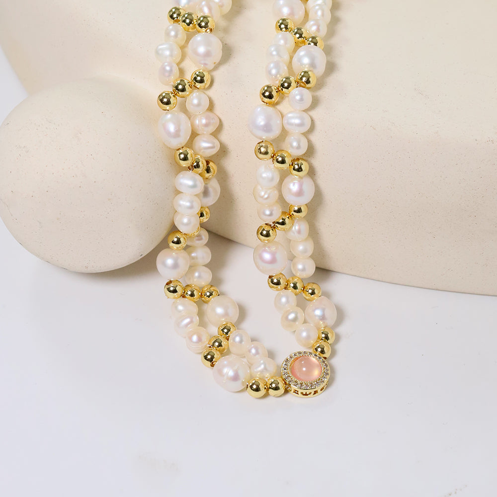 Natural Freshwater Pearl Double Layered Gold Bead Necklace Korean Women's Luxury Jewelry Fashion Women's and Girls' Gifts