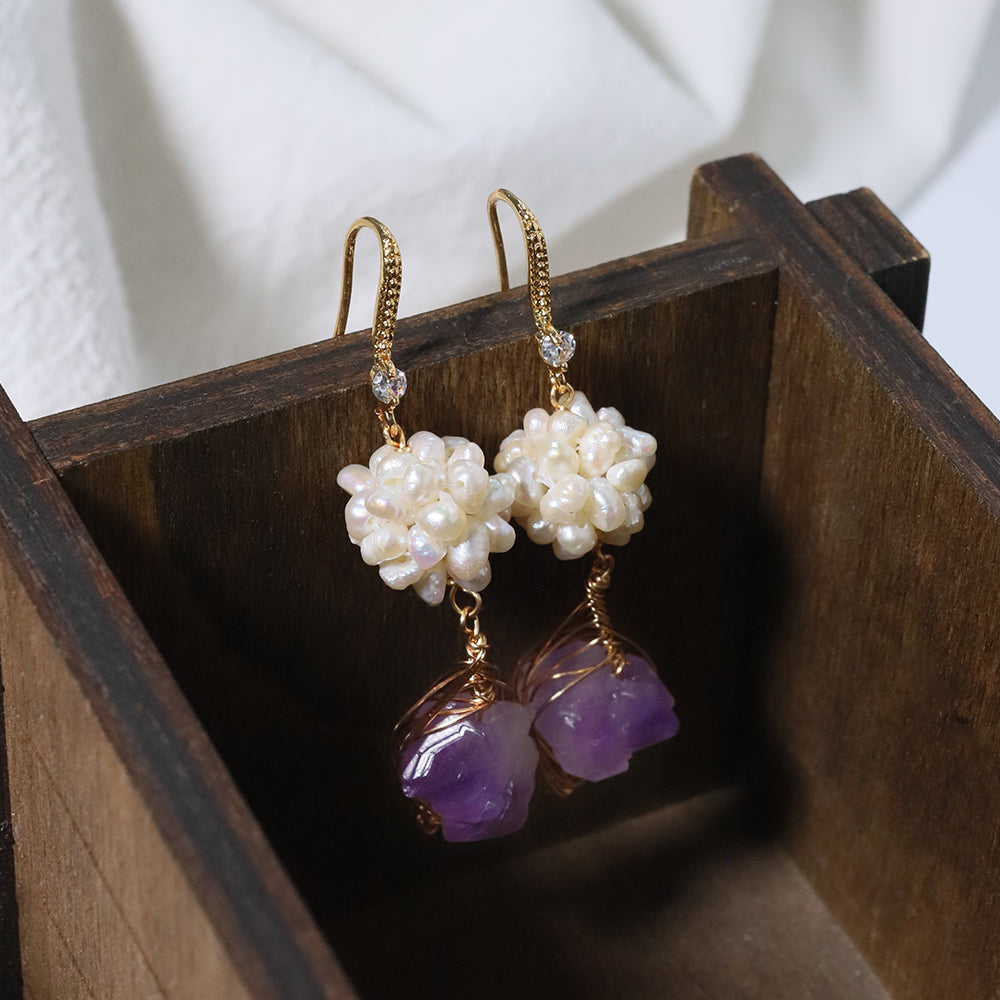 Natural Freshwater Pearl Flower Ball Amethyst Earrings Korean Style Women Luxury Jewelry Fashion Ladies and Girls Gift